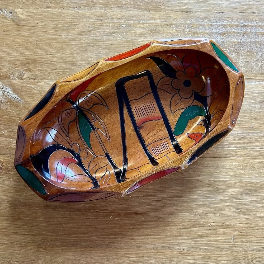 Vintage Hand Carved Wood Fruit Bowl Painted Floral Folk Art Decorative